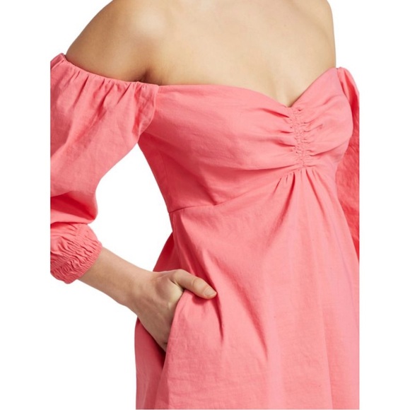 NWT! A.L.C. Mila Off-The-Shoulder Linen Mini Dress in Lychee Size 0/XS - Picture 3 of 12